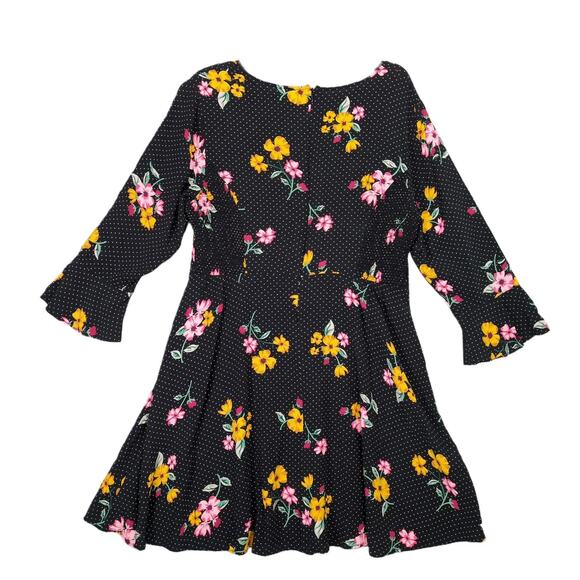 Old Navy XL Black Polka Dot Floral Print Fluted Sleeve Knee-Length A-Line Dress - Picture 2 of 7